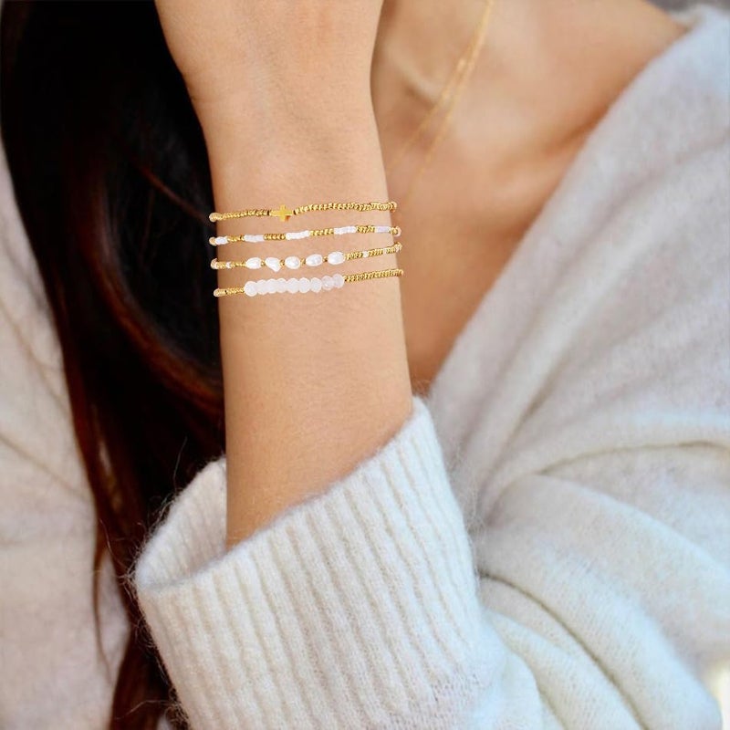 Pymach Store Dainty Gold Plated Pearl Crystal Beaded Bracelets Set for Women 14K Gold Plated Bead Pearl Beads Bracelet Stackable Paperclip Link Chain Bracelets Gold Plated Bracelets for Women Trendy Jewelry - Image 5